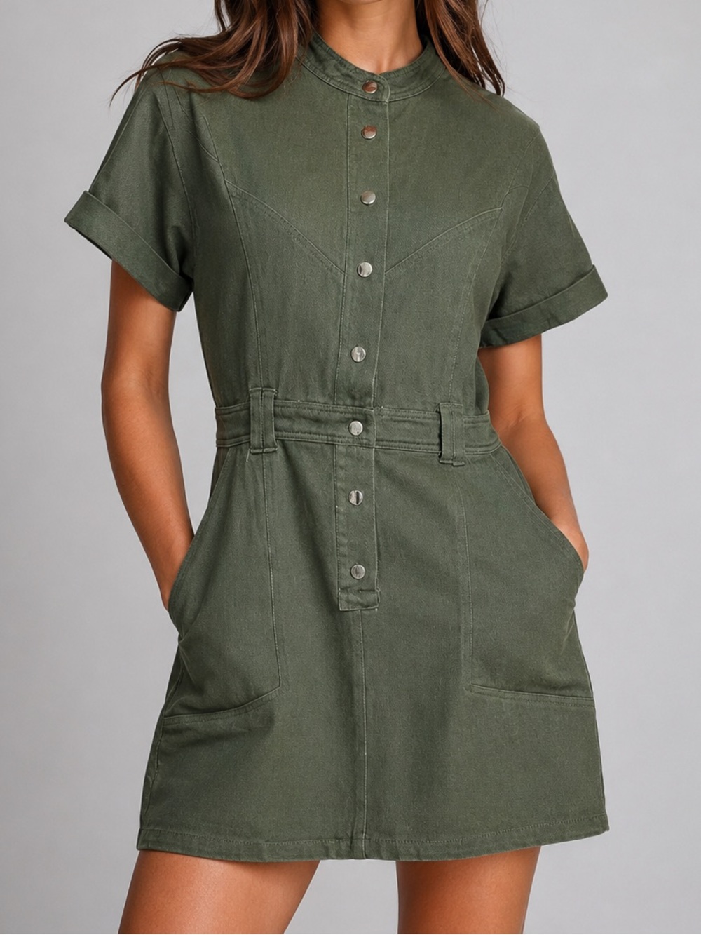 Aqua Olive Green Denim Utility Mini Dress Medium Button Front Pockets